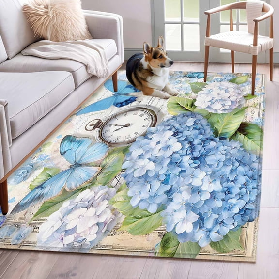 Blue Hydrangea Floral Area Rug 3x5 Washable Rug Non Slip Spring Retro Butterfly Botanical Large Area Rug Indoor Floor Carpet for Entryway Bedroom Kitchen Living Room Home Office Dining Room Nursery