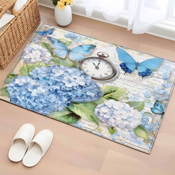 Blue Hydrangea Floral Bathroom Rug Washable 2x3 Entryway Rug Non Slip Spring Retro Butterfly Botanical Front Door Mat Low Pile Indoor Doormat Throw Floor Carpet for Kitchen Bedroom Entrance