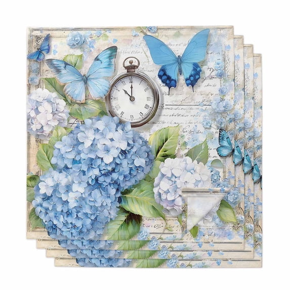 Blue Hydrangea Floral Cloth Napkins, Spring Retro Butterfly Botanical Washable and Reusable Dinner Napkins Set of 4, Table Napkin for Kitchen Party Birthday Wedding Hotel Housewarming 20"x20"