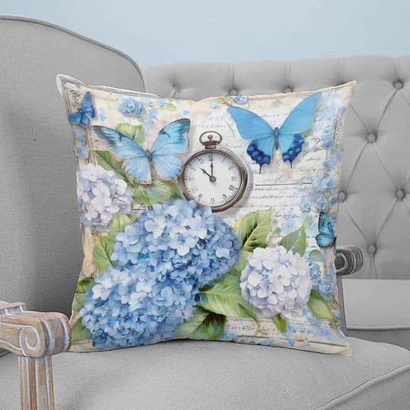 Blue Hydrangea Floral Decorative Pillowcase 16''x16'', Spring Retro Butterfly Botanical Throw Pillow Covers Soft Cushion Case for Couch Sofa Bedroom Living Room, Pillowcase Boho Decor