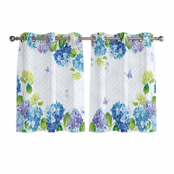 Blue Hydrangea Floral Kitchen Curtains Window Panels, Spring Butterfly Watercolor Flower Insulated Window Treatment Curtain, Grommet Curtains for Bedroom/Living Room/Bathroom, 2 Piece 42"Wx45"L