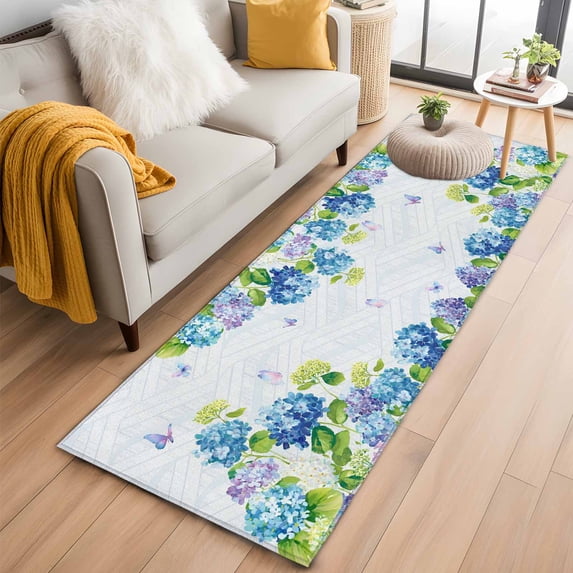 Blue Hydrangea Floral Kitchen Runner Rug 2x6 Washable Runners for Hallway Non Slip Spring Butterfly Watercolor Flower Large Area Rug Indoor Floor Carpet for Bathroom Laundry Entryway Bedroom