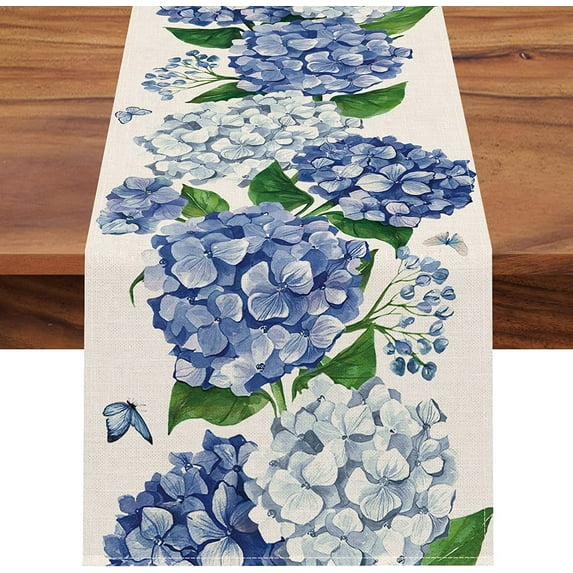 Blue Hydrangea Floral Linen Table Runners Seasonal Flowers Dresser Scarf Table r Holiday Wedding Party Kitchen Dining r