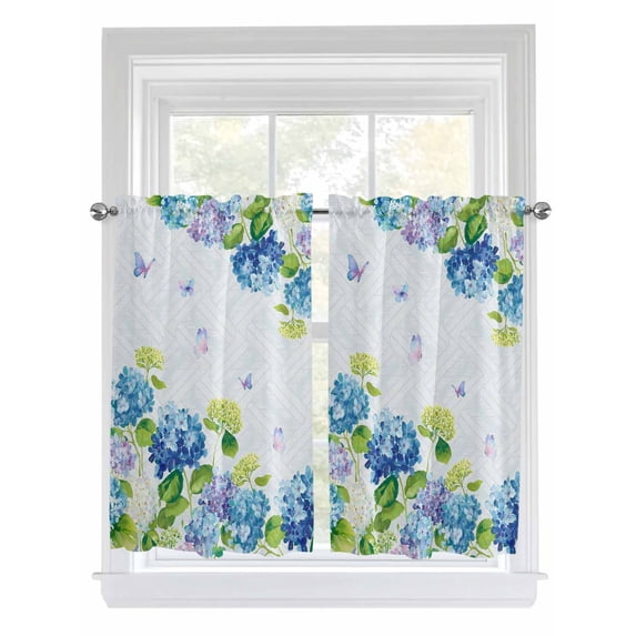 Blue Hydrangea Floral Living Room Curtains 2 Panel, Spring Butterfly Watercolor Flower Cafe Window Treatment, Farmhouse Bedroom Bathroom Kitchen Curtains Drapes 104"x45"