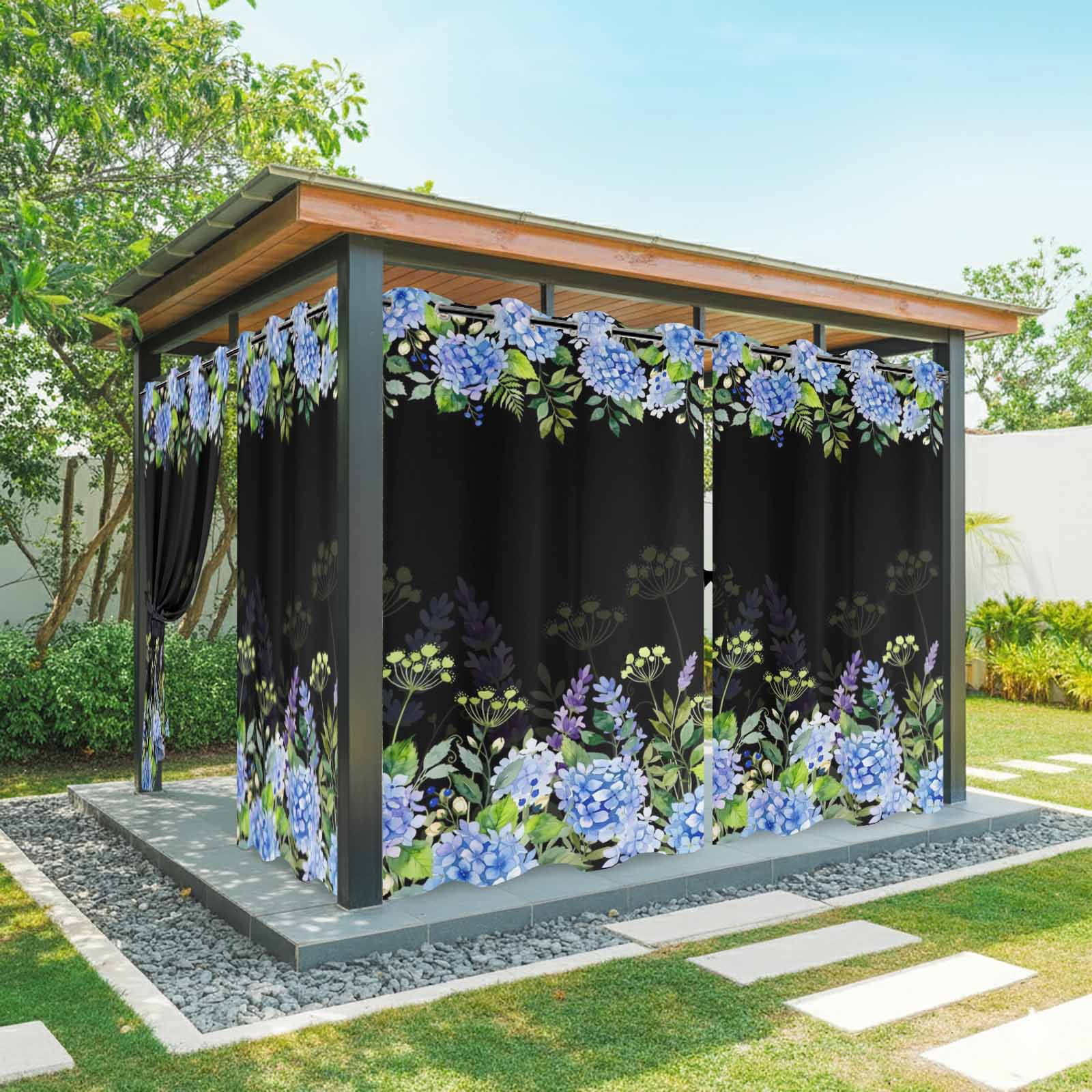 Blue Hydrangea Floral Outdoor Curtains for Patio, Wildflower Garden Botanical Sunshade Privacy Drapes Grommet Waterproof Outside Curtains for Porch/Cabana/Balcony 54"x 108", 1 Panel