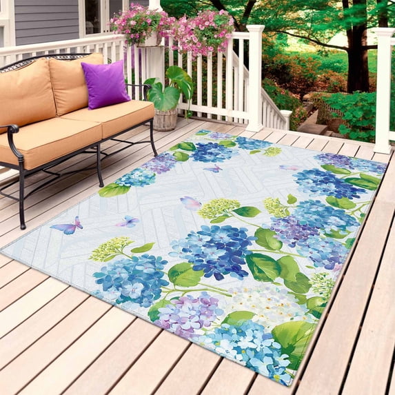 Blue Hydrangea Floral Outdoor Rug 3x5 Ft, Non Slip Washable Area Rug, Spring Butterfly Watercolor Flower Patio Rugs Carpet Runner, Large Floor Mat for Indoor/Outdoor Deck Porch Camping
