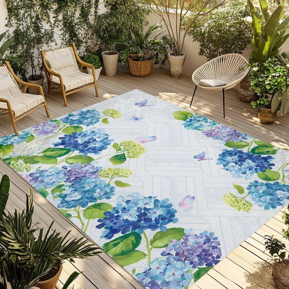 Blue Hydrangea Floral Outdoor Rug for Patio/Deck/Porch, Non-Slip Large Area Rug 5 x 8 Ft, Spring Butterfly Watercolor Flower Indoor Outdoor Rugs Washable Area Rugs, Camping Rug Carpet Runner