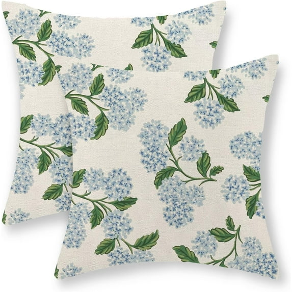 Blue Hydrangea Floral Pillow Covers 16x16 Set of 2 Spring Summer Floral Decorative Pillow Cases Rustic Flowers Decor Throw Pillows Holiday Outdoor Linen Farmhouse Cushion Case for Couch Sofa