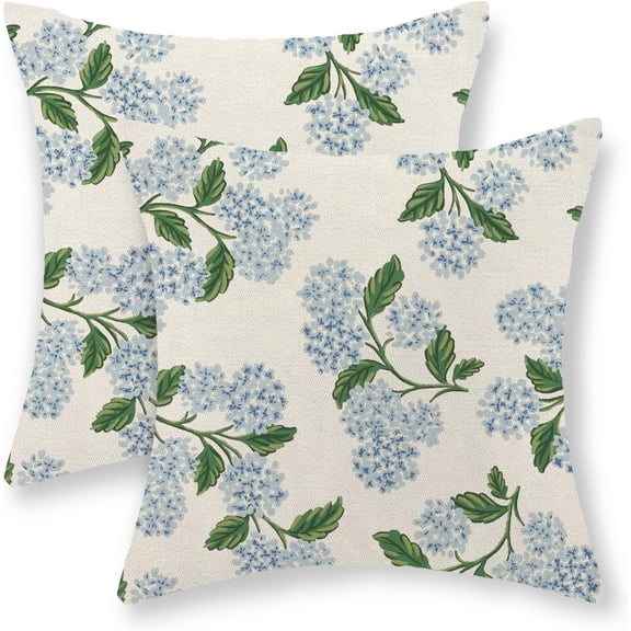 Blue Hydrangea Floral Pillow Covers 18x18 Set of 2 Spring Summer Floral Decorative Pillow Cases Rustic Flowers Decor Throw Pillows Holiday Outdoor Linen Farmhouse Cushion Case for Couch Sofa