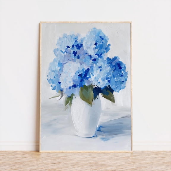 Blue Hydrangea Floral Poster: Coastal Cottage Wall Art, Unframed Canvas Size 16x24