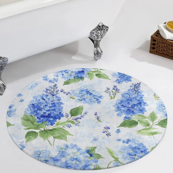 Blue Hydrangea Floral Print Round Area Rugs for Bedroom Living Room, 3FT Soft Comfy Indoor Circle Carpets, Carpet Home Decor Floor Mat