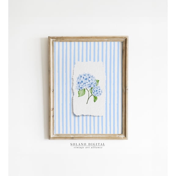 Blue Hydrangea Floral Print Vintage Coastal Wall Decor, Unframed Paper Poster 8x10in
