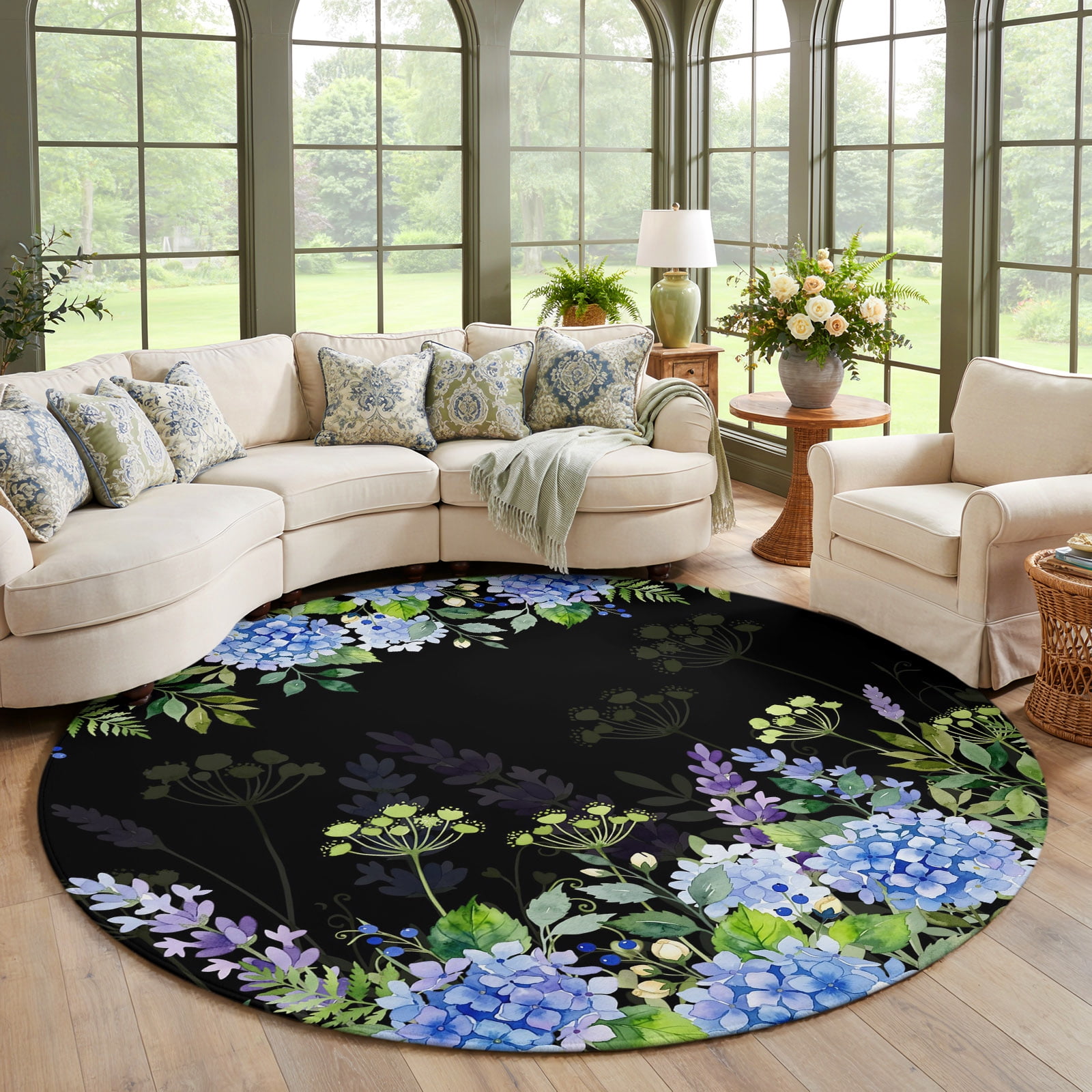Blue Hydrangea Floral Round Area Rug Living Room 7ft, Wildflower Garden ...