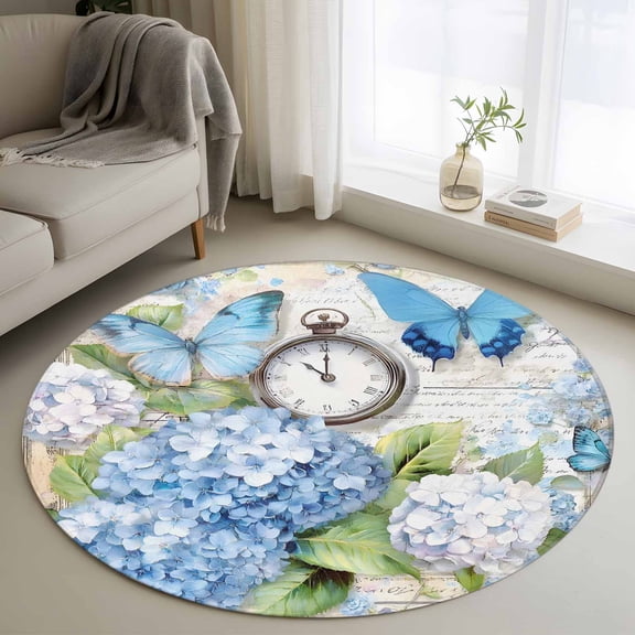 Blue Hydrangea Floral Round Rug 3ft Washable Circle Entryway Rugs Non Slip Spring Retro Butterfly Botanical Area Rug Indoor Floor Carpet for Bedroom Kitchen Living Room Home Office Dining Room