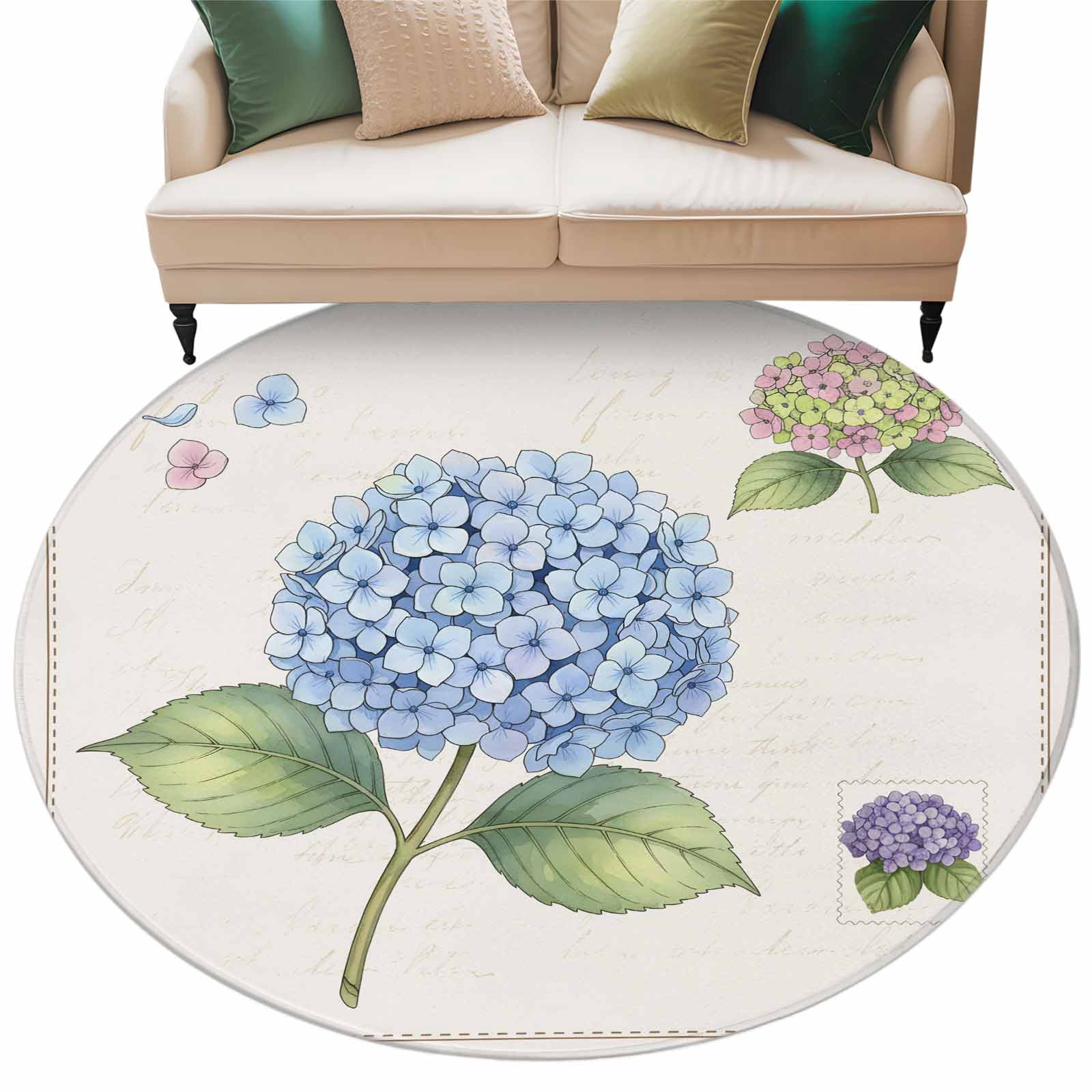 Blue Hydrangea Floral Round Rug 8ft Washable Circle Rugs Non Slip ...