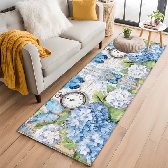Blue Hydrangea Floral Runner Rug 2x6 FT,Non Slip Hallway Rugs,Spring Retro Butterfly Botanical Washable Soft Floor Carpet Throw Runner Carpet Long Rugs for Entryway Kitchen Bedside Sliding Door