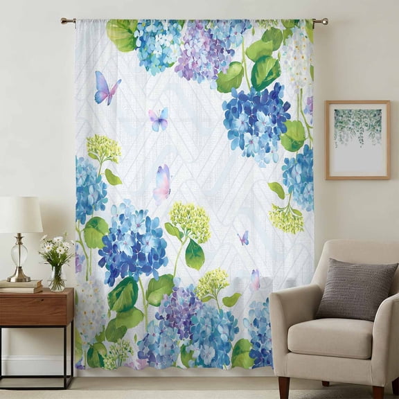 Blue Hydrangea Floral Sheer Curtains 45 Inches Long, Spring Butterfly Flower Light Filering Curtains, Breathable Simi Curtain Privacy Drapes for Kitchen Bathroom Lightweight Small Window Treatment