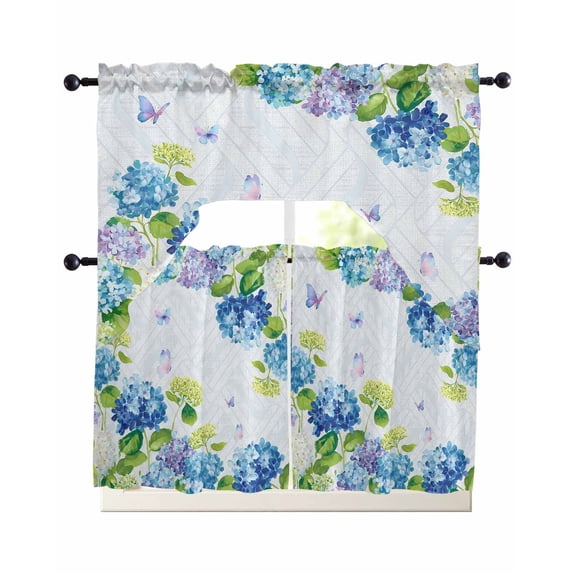 Blue Hydrangea Floral Swag Kitchen Curtains Sets for Windows 24 Inch Length, Spring Butterfly Watercolor Flower Short Window Curtain Panels Swags Valances and Tiers 3 Piece Set for Cafe/Dining Room