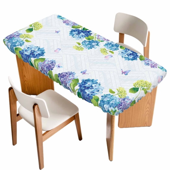 Blue Hydrangea Floral Table Cloths for 3 Foot Rectangle Tables, Spring Butterfly Watercolor Flower Patio Waterproof Elastic Fitted Tablecloths, Washable Rectangular Table Cover for Camping