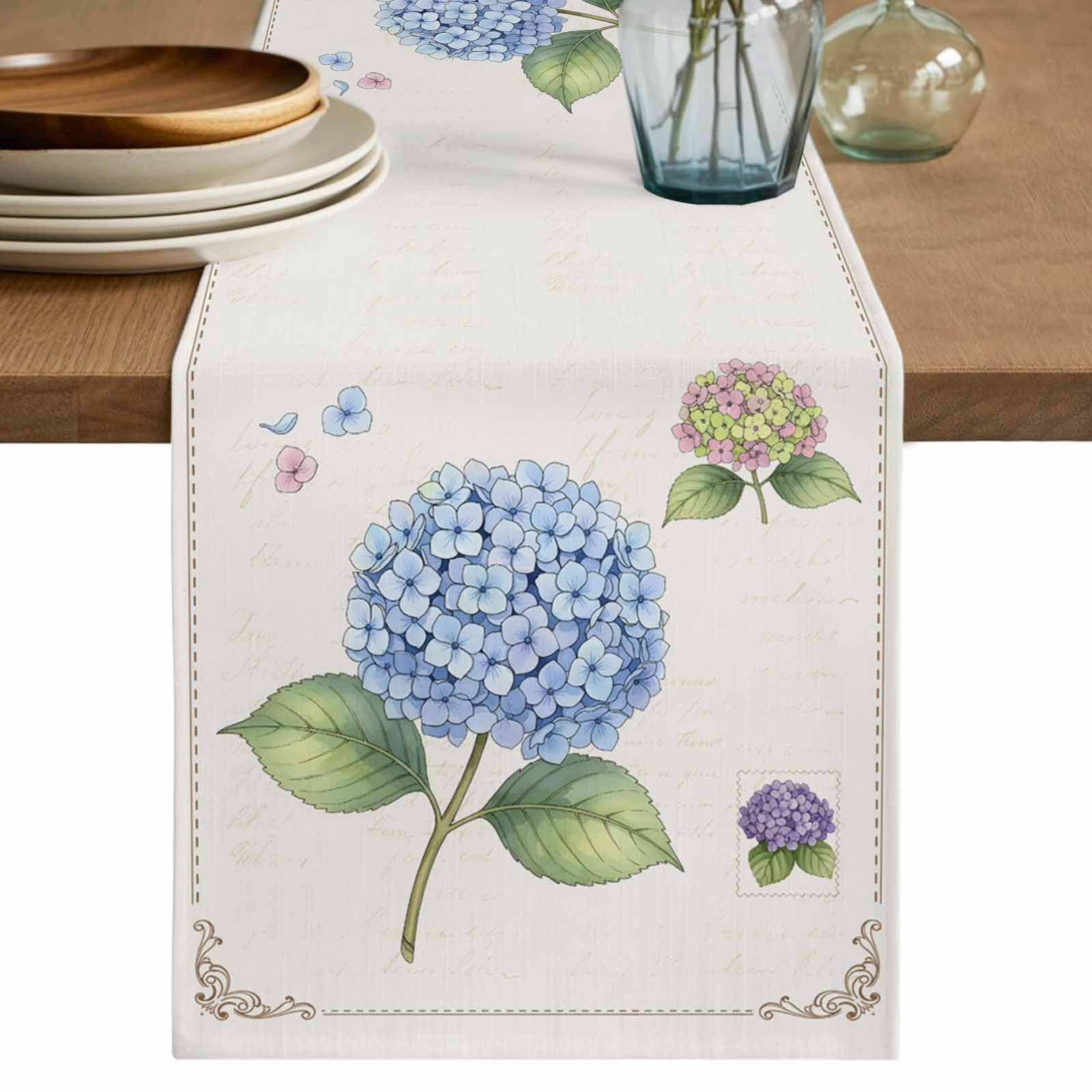 Blue Hydrangea Floral Table Runner, Farmhouse Flowers Blossom Washable ...
