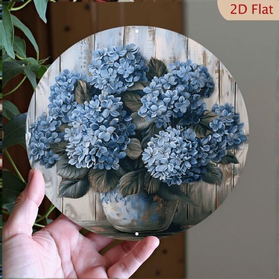 Blue Hydrangea Floral Wall Art Round Aluminum Metal Sign Rustic Farmhouse Shabby Chic Decorative Hanging Plaque for Home Living Room Bedroom Decor 8x8 Inch