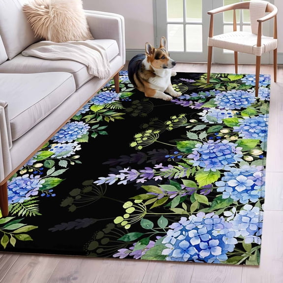 Blue Hydrangea Floral Washable Area Rug 4x6 Wildflower Garden Botanical Low-Profile Large Area Rugs with Non Slip Backing Indoor Floor Carpet for Entrance Living Room Bedroom Home Office