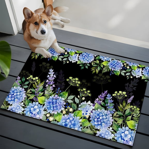 Blue Hydrangea Floral Washable Entry Rug 2x3 Wildflower Garden Botanical Low Pile Indoor Door Mat with Rubber Backing Thin Area Rug for for Entrance, Bedroom, Kitchen, Laundry, Bathroom