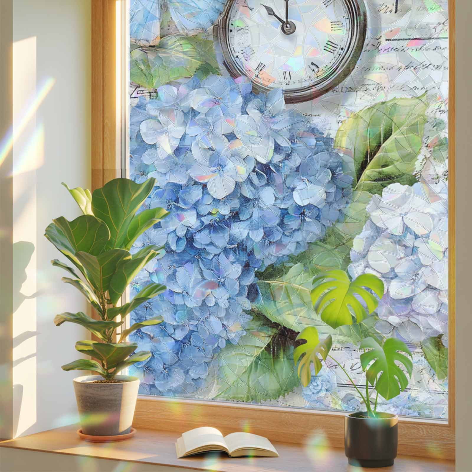 Hydrangea Window Display Blue Hydrangea Floral Window Privacy Film Rainbow Static Cling Stain ...