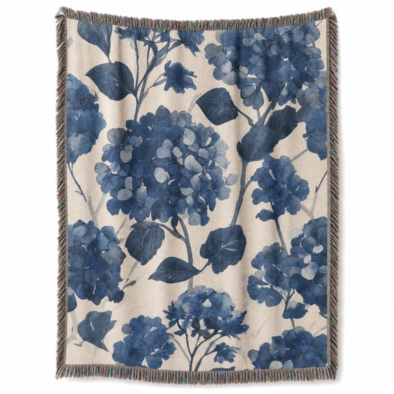 Blue Hydrangea Floral Woven Throw Blanket, Cotton with Fringed Edges, Botanical Style, Couch and Bed Home Decor