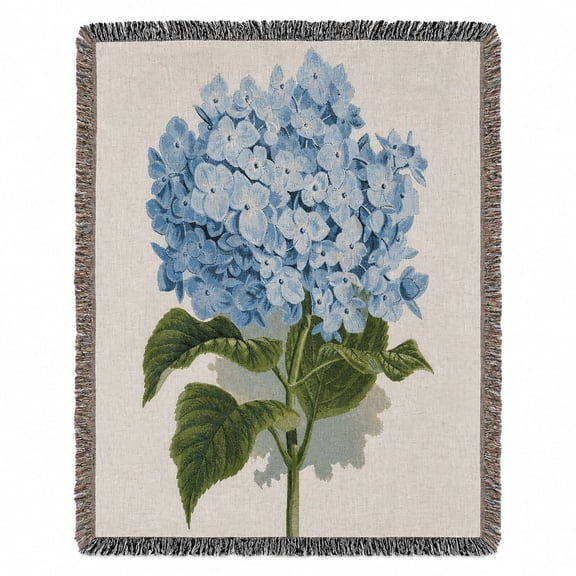 Blue Hydrangea Floral Woven Throw Blanket with Fringe, 100% Cotton, 52X37IN-80X60IN