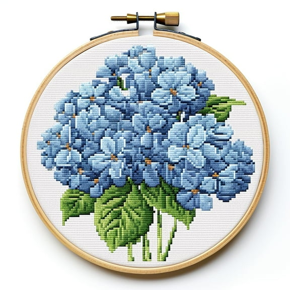 Blue Hydrangea Flower DIY Stamped Cross Stitch Kits for Beginners Easy with Hoop 11CT Needlepoint Embroidery Counted Cross Stitch Kits Art Craft Wall Decoration 35x35cm(3)