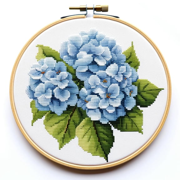 Blue Hydrangea Flower DIY Stamped Cross Stitch Kits for Beginners Easy with Hoop 11CT Needlepoint Embroidery Counted Cross Stitch Kits Art Craft Wall Decoration 35x35cm(1)