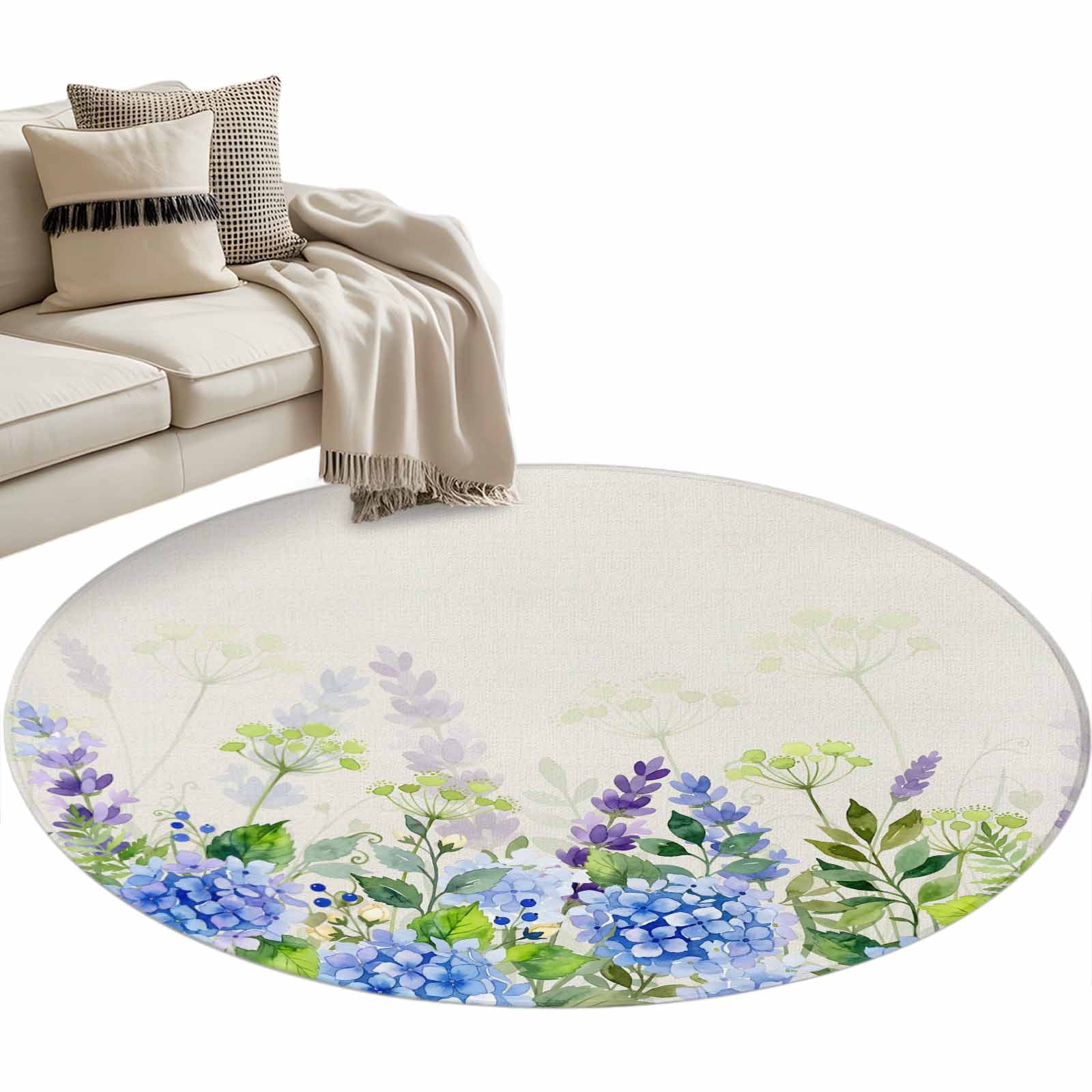 Blue Hydrangea Flower Round Rug 4ft Washable Circle Entryway Rugs Non ...