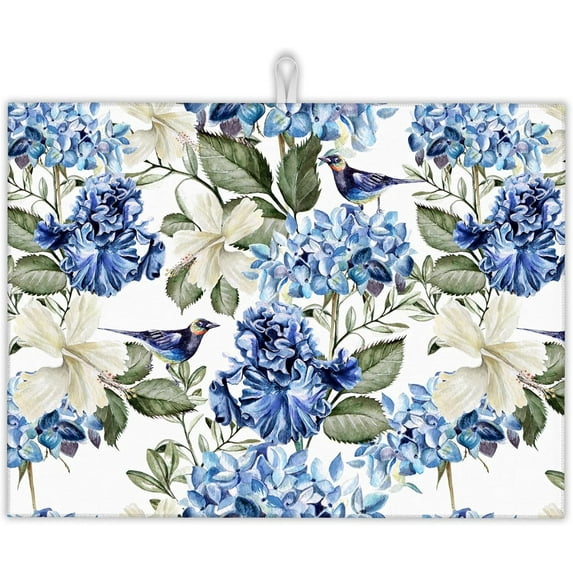 Blue Hydrangea Flowers Dish Drying Mat,Bird Drying Rack Pad Countertop Dishes Ultra Absorbent Microfiber Kitchen Counter Mat for Coffee Countertop Decor 18x24 Inch
