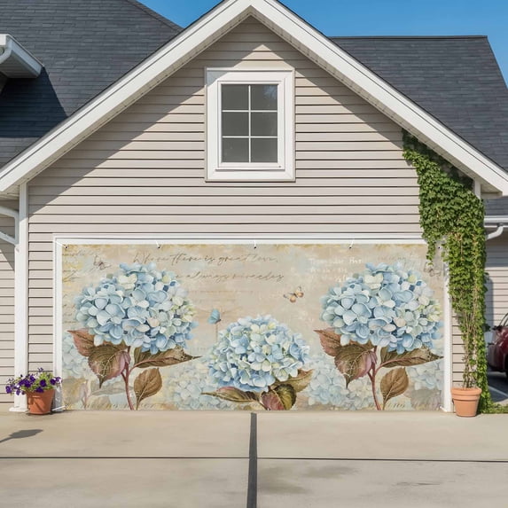 Blue Hydrangea Garage Door Cover Banner 6 x 13 FT, Flowers Leaves Butterfly Retro Khaki Garage Door Curtains Backdrop with Grommets for Indoor Outdoor Wall Party Porch Yard Decorations Background