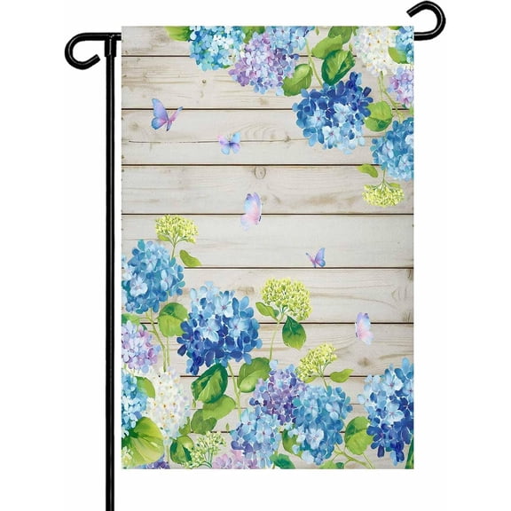 Blue Hydrangea Garden Flags 12x18 Double Sided Outside Decoration Rustic Wooden Butterfly Spring Floral Decorative Welcome Yard Flag Banners for House Home Patio Lawn Seasonal Outdoor Decor