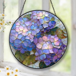 Blue Hydrangea Glass Suncatcher, Glass Flowers, Floral Window Hanging, Kitchen Decor, Blue Hydrangea Decor, Glass Birth Flowers, 3.5 in