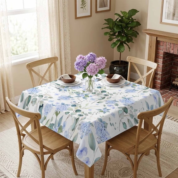 Blue Hydrangea Green Leaves Square Tablecloth 54x54 Inch Farmhouse Floral Waterproof Polyester Tablecloth for Dining Table, Washable Table Cover for Kitchen Dining Room Wedding,Stain Resistant