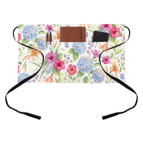 Blue Hydrangea Half Waist Apron Orange Lily Red Purple Flower Watercolor Country Short Waiter Aprons with 3 Pockets for Women Men Kitchen Restaurant Cooking