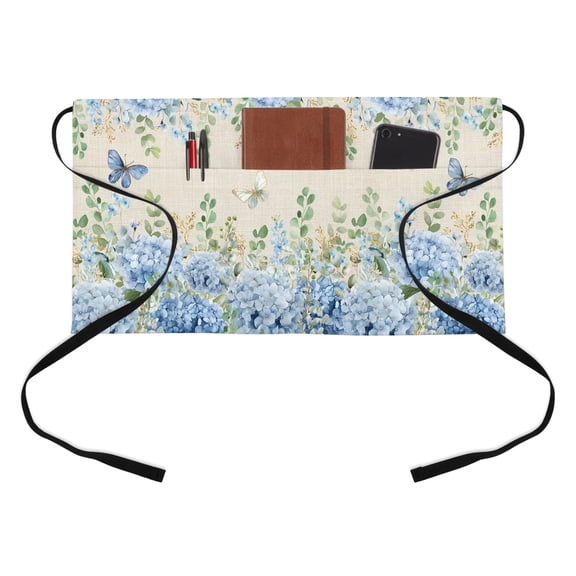 Blue Hydrangea Half Waist Apron Rustic Summer Blue Floral Butterfly Linen Texture Short Waiter Aprons with 3 Pockets for Women Men Kitchen Restaurant Cooking
