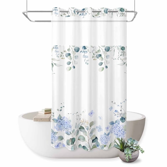 Blue Hydrangea No Hook Shower Curtain Country Eucalyptus Leaf Floral Shower Curtain with See Through Top Window, Waterproof Washable Fabric Curtain for Bathroom Hotel Decor, 36Wx72L