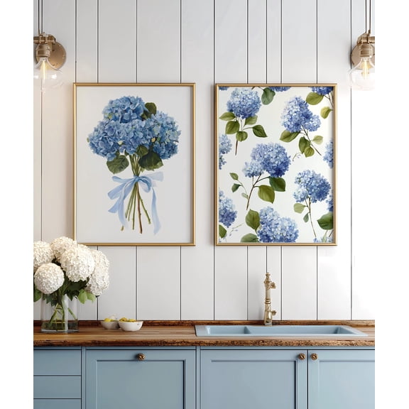 Blue Hydrangea Hydrangea Pattern Blue Cottagecore Flowers Set 2 Unframed Paper Print 8x12