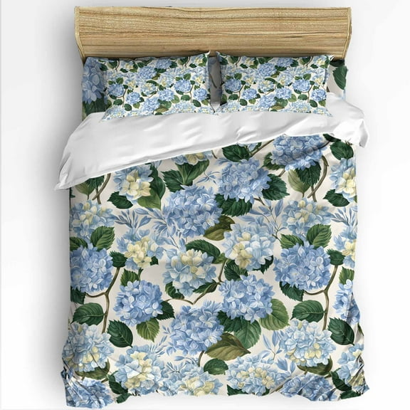 Blue Hydrangea King Size Comforter Set, Floral Country Farmhouse Watercolor Soft Bedding for All Seasons, 4 Pcs Bed Set with 1Comforter (90"x106") ,1 Sheet(94"x116"), 2 Pillowcases (19"x35")