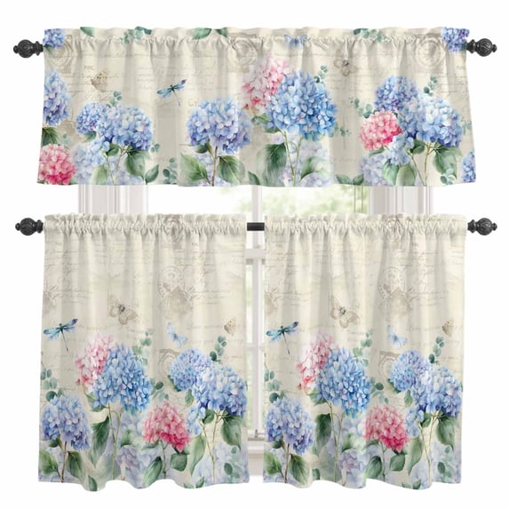 Blue Hydrangea Kitchen Curtains Sets for Windows 36 Inch Length, Pink Flowers Spring Botanical Country Plants Rod Pocket Window Treatments Tier Curtains and Valances Set for Bedroom/Bathroom