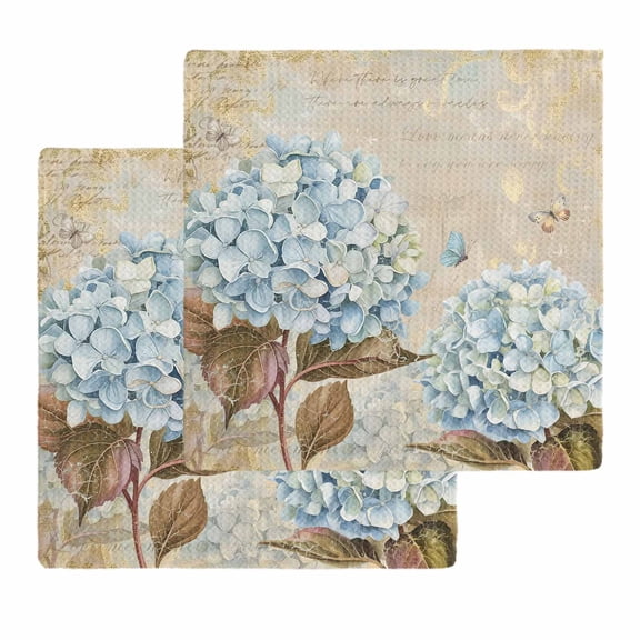 Blue Hydrangea Kitchen Dish Towels for Drying Dishes Set of 2, Flowers Leaves Butterfly Retro Khaki Waffle Weave Microfiber Hand Tea Bathroom Towels Quick Dry & Absorbent Towel 12x12