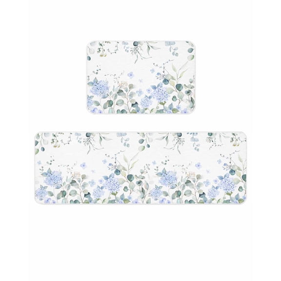 Blue Hydrangea Kitchen Mats for Floor 2 Piece, Country Eucalyptus Leaf Floral Absorbent Non-Slip Kitchen Rugs Comfort Standing Mat for Laundry, Hallways 15.7"x23.6"+15.7"x47.2"