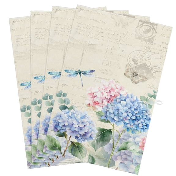 Blue Hydrangea Kitchen Towels, Absorbent Microfiber Kitchen Dish Hand Tea Bath Towel, Pink Flowers Spring Botanical Country Plants Quick Dry Cleaning Cloth Dishclothes Decorative Sets, (4-PC, 18x28)