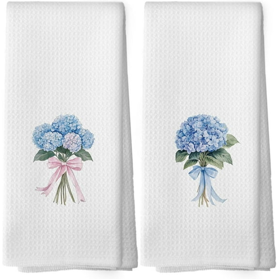 Blue Hydrangea Kitchen Towels - Preppy Coquette Bow Dish Towels, Hydrangea Flowers Bouquet Decorative Absorbent Dishcloths Hand Towel Set of 2 for Bathroom Kitchen Decor 18x26 Inches