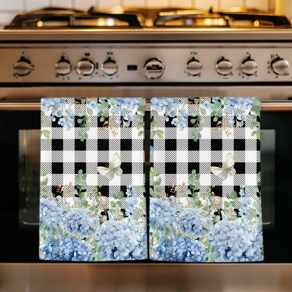 Blue Hydrangea Kitchen Towels Set of 2, Spring Summer Eucalyptus Black Checkered Absorbent Dish Towels for Kitchen, Microfiber Hand Towel, Quick Drying Tea Towel for Cleaning Decorative Dishcloths