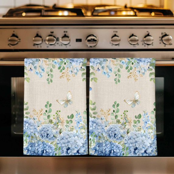 Blue Hydrangea Kitchen Towels Set of 2, Spring Summer Eucalyptus Vintage Beige Absorbent Dish Towels for Kitchen, Microfiber Hand Towel, Quick Drying Tea Towel for Cleaning Decorative Dishcloths
